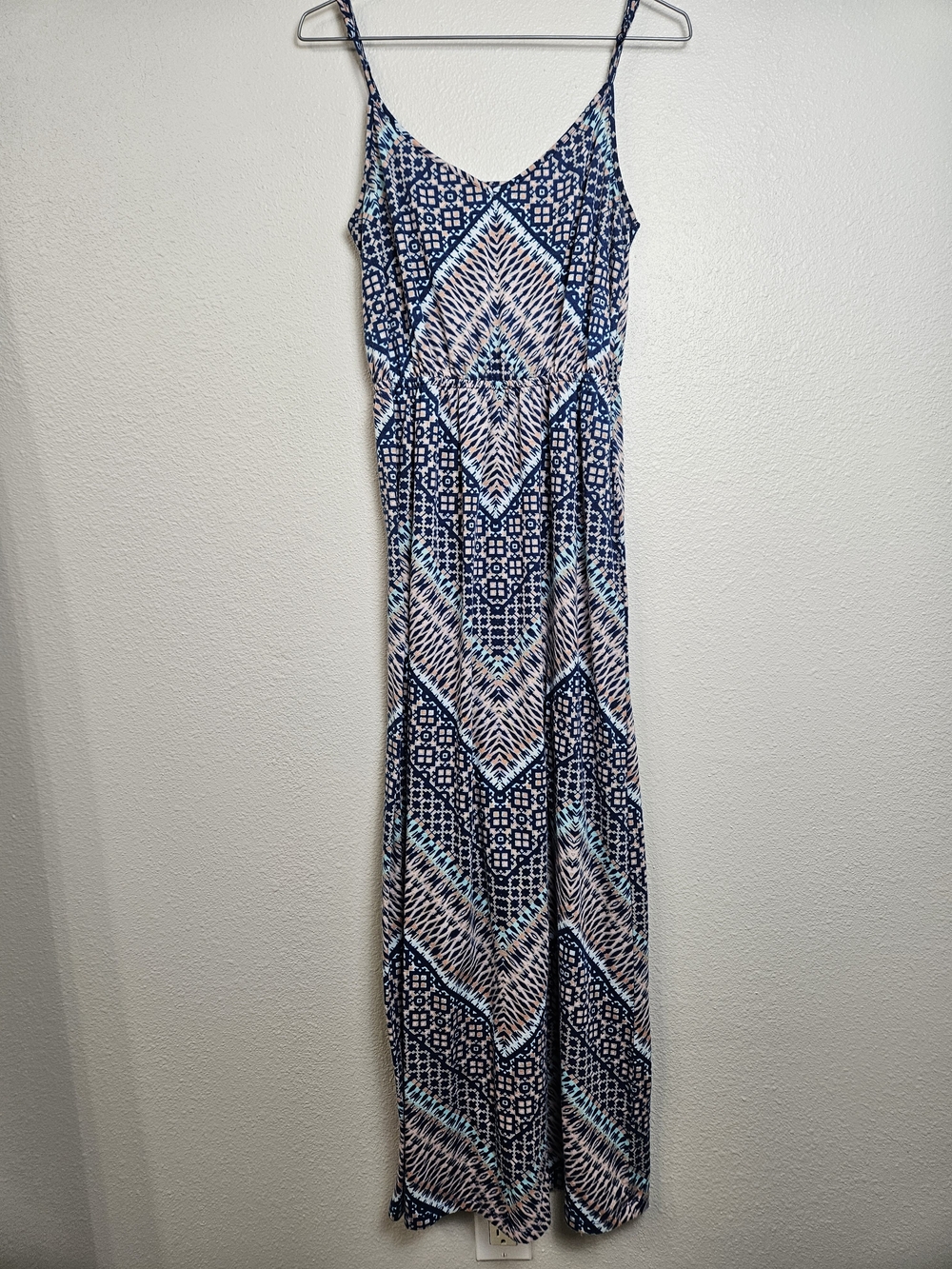 Pink Rose Navy and Light Blue Geometric Boho Maxi Dress Medium